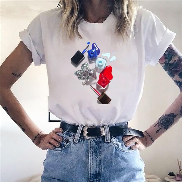 

makeup graphic funny t shirt women aesthetic t shirt 90s girls tee watercolor red nail polish printed aesthetic tshirt, White