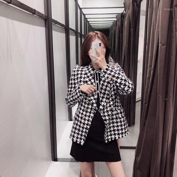 

новые черные кисточковые гусиные хазоны женские моды винтажные клетки шикарные толстые твидовые куртки с сплещенным патч-дизайнером офис сти, Black;brown