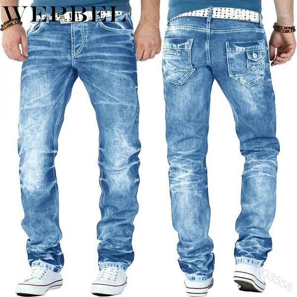 

men's jeans wepbel men's fashion ripped slim fit denim pleated male straight retro tide pants for men1, Blue