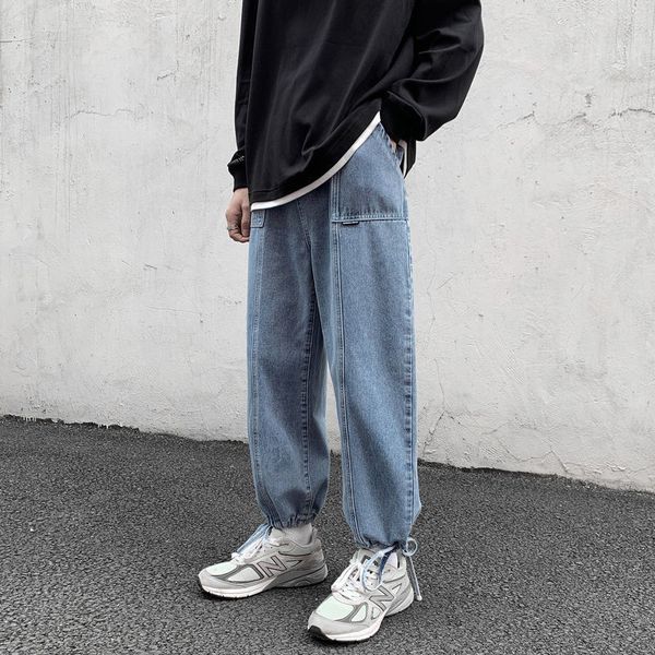 

2021 new men's casual oversize straight 2021 spring summer new korean streetwear denim pants woman solid color jeans w048, Blue