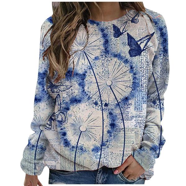 

women fashion o-neck flower butterfly printed long sleeves women's loose casual t-shirt 2021 new sale, White