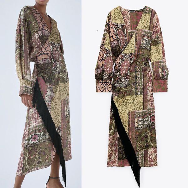 

2021 new vintage fringed printed midi v-neck pleated long sleeve wrap dress woman fashion side zip casual dresses bp49, Black;gray