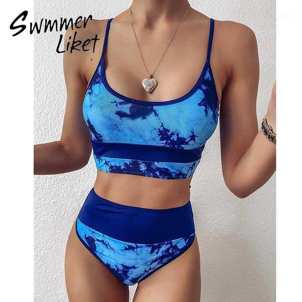 

sports bikinis 2020 mujer high waist swimsuit women bandeau swimwear tie-dye bikini vintage bathing suit patchwork swim suit new1, White;black