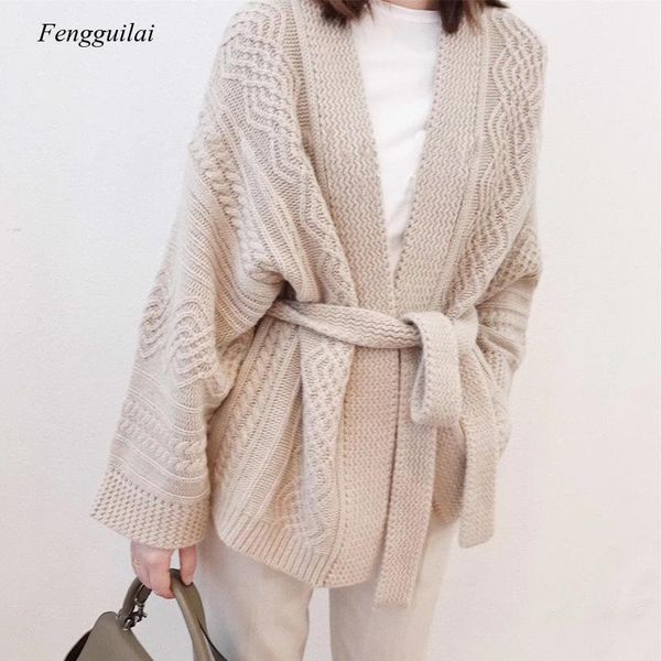 

women's knits & tees women sweaters autumn and winter wool lazy sweater mid-length thick loose large size cardigan jacket, White