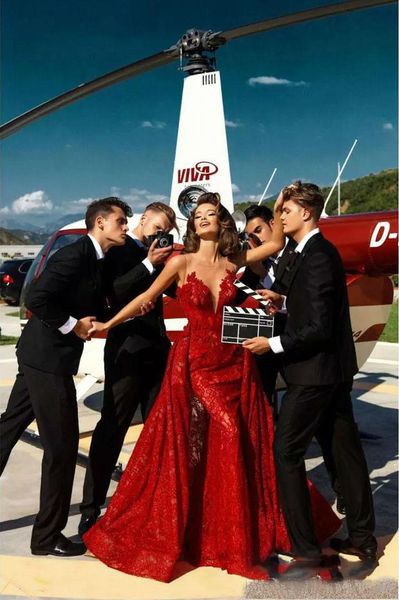 

luxury sweetheart mermaid prom dresses 2021 red sheer neck lace floral appliques evening gowns with detachable train robes de soirée, Black;red