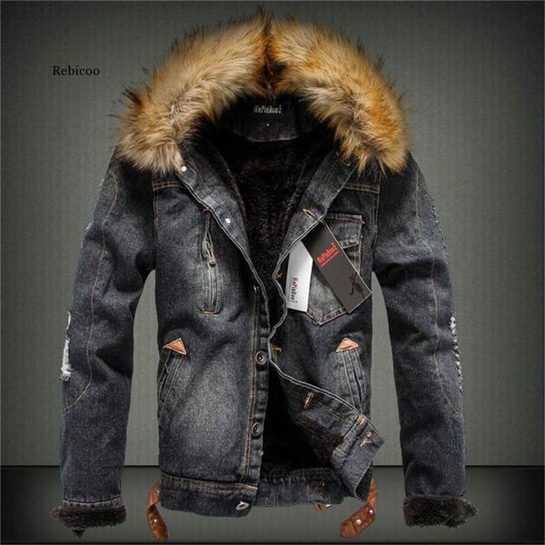 

winter size thick fur new plus men retro denim jacket collar parxp, Black