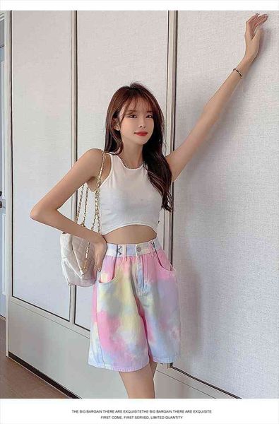 

colored tie-dye pants 5-point shorts female net red jeans super five-point pants loose wide-leg, Blue