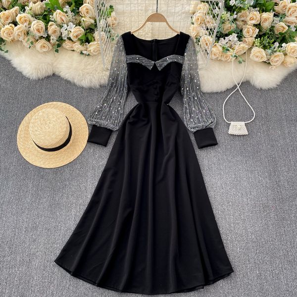 

2021 new elegant female singiny in solid retro-square turtleneck shiny lurex sleeved long-sleeve fashion streetwear dress long 6ddy, Black;gray