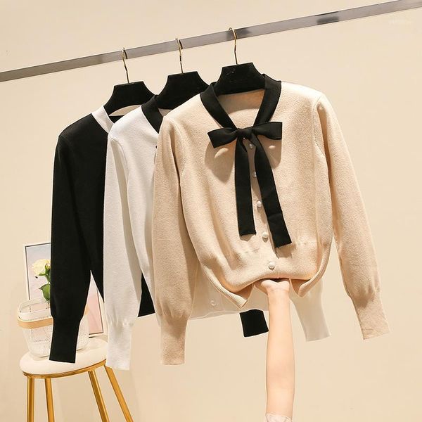 

v neck women cardigan sweater ribbed knitted bow cute girls coat spring autumn jacket knitted sweaters black white apricot1, White;black