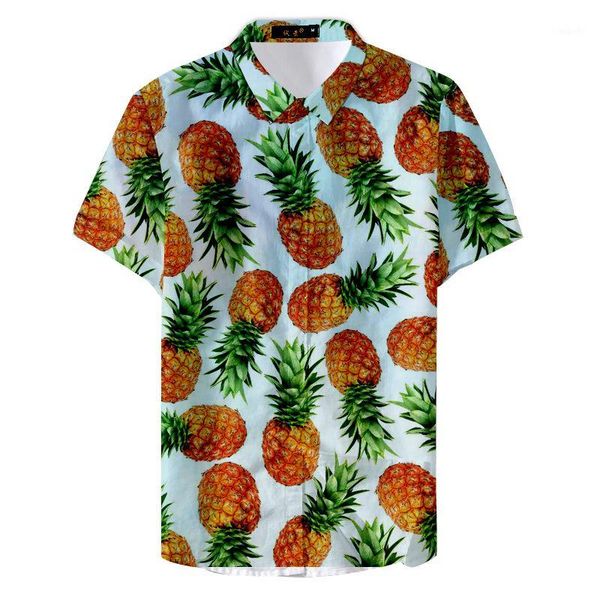 

2020 summer tropical fruit pattern pineapple print shirt hawaiian vacation style casual men's short sleeve lapel blouse1, White;black
