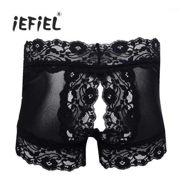 

iefiel men lingerie mesh lace open butt boxer briefs shorts underwear underpants see-through gay men's panties1, Black;white