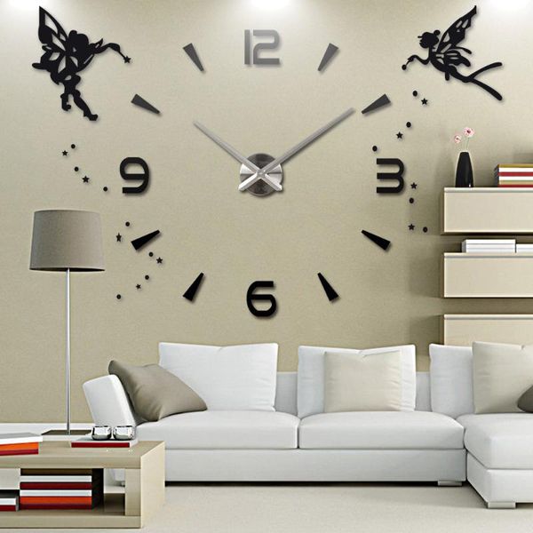 

wall clocks acrylic diy large clock modern design silent quartz self adhesive angel sticker 3d digital for living room decor