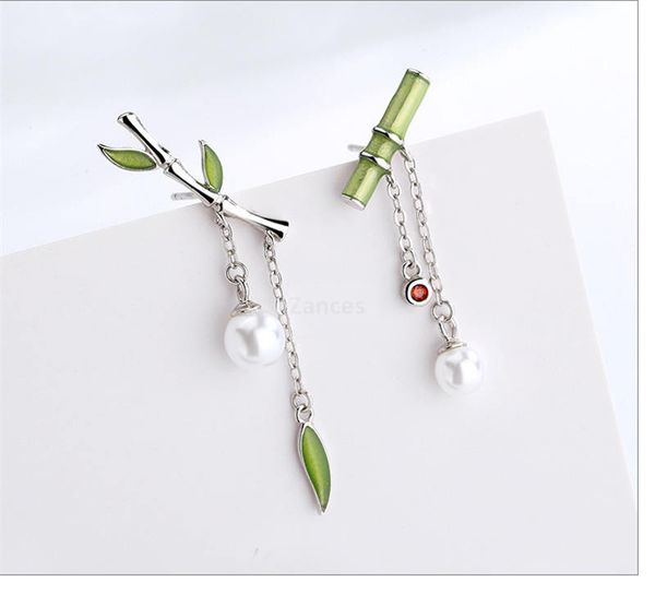 

s925 needles silver earring green bamboo earring dangle with pearl retro style for women silver earring jewelry, Golden