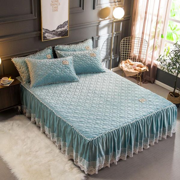 

bed skirt russian size 160x200cm plush warm bedskirt set flannel fleece quilted ruffled lace girls with small white ball cover