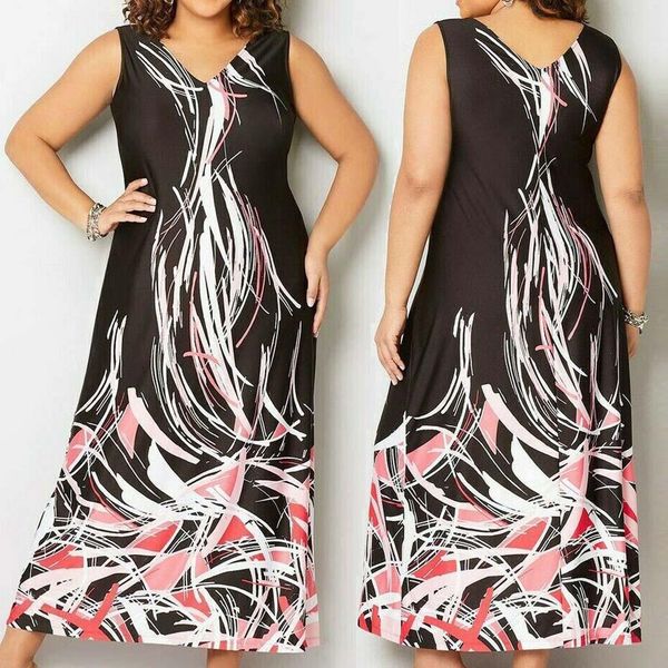 

2021 women's large size summer v-neck floral print bohemian sleeveless long dress casual comfortable fashion dress, Black;gray