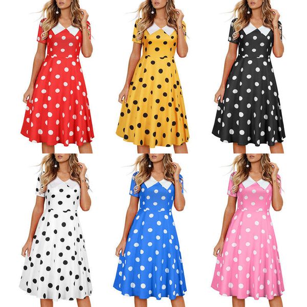

l8041 summer short sleeve v-neck polka point dress hepburn style women's big swing skirt, Black;gray
