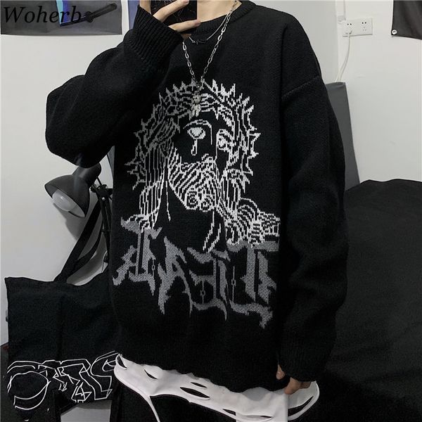 

woherb harajuku sweater women man punk streetwear jacquard print knitted pullover korean fashion pull jumper autumn 2020 c1120, White;black