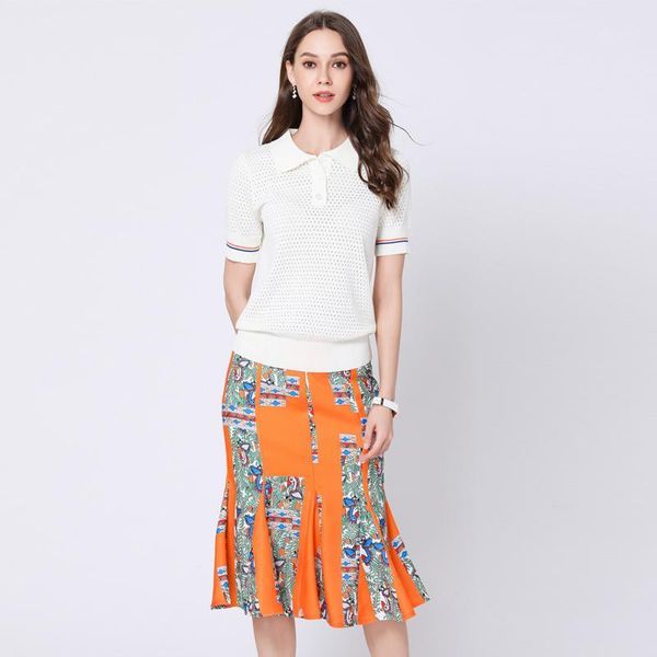 

aihuyigui 2019 summer fashion runway designer hollow out shirt suit set + women flower print skirt set 2 piece se3561, White