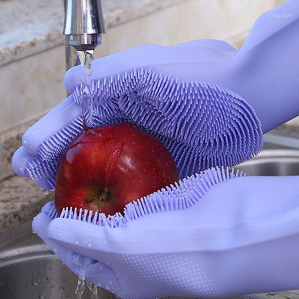 

1pair silicone gloves dishwashing scrubber cleaning gloves heat resistant dish washing brush kitchen gadgets1