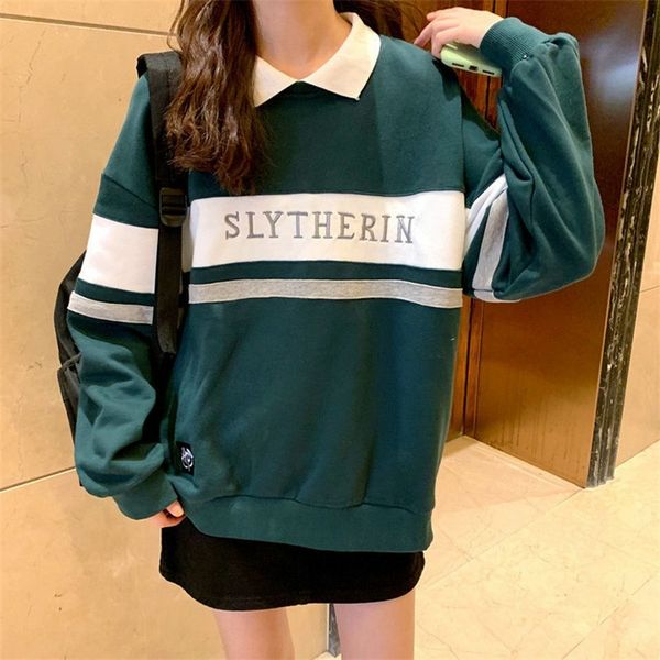 

polo collar stitching sweatshirt women harajuku women pullover students letter long sleeve kpop sweatshirt sudadera mujer 201126, Black
