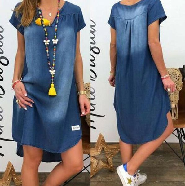 

2020 women v collar pullover short sleeve denim dress plus size dress casual vestidos1, Black;gray