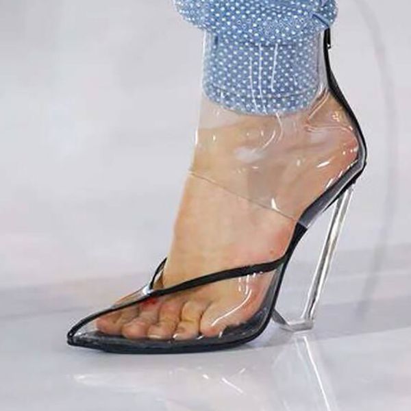 

women's sandals transparent summer wedges six inches high heel block fashion light heels sandalscrystal ladies shoes 1ear, Black