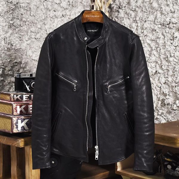 

stand 2020 men's collar sheepskin slim fit short motorcycle jacket pockets moto biker rider leather coat men, Black