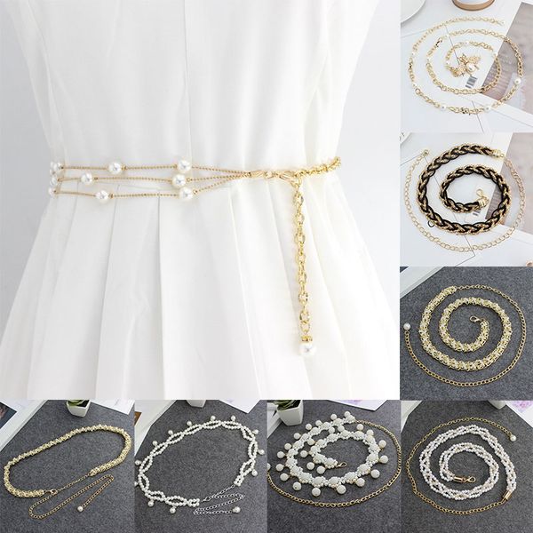 

2020 pearl decorative metal belt dress decorative waist belt women beaded hook waist chain thin waistband clothing accessories, Black;brown