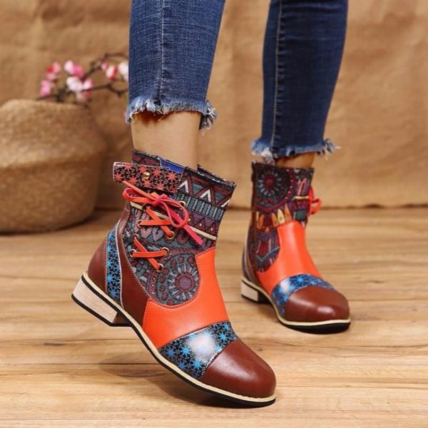 

socofy women boots retro printed metal buckle genuine leather zipper ankle boots fashion ladies shoes botines mujer, Black