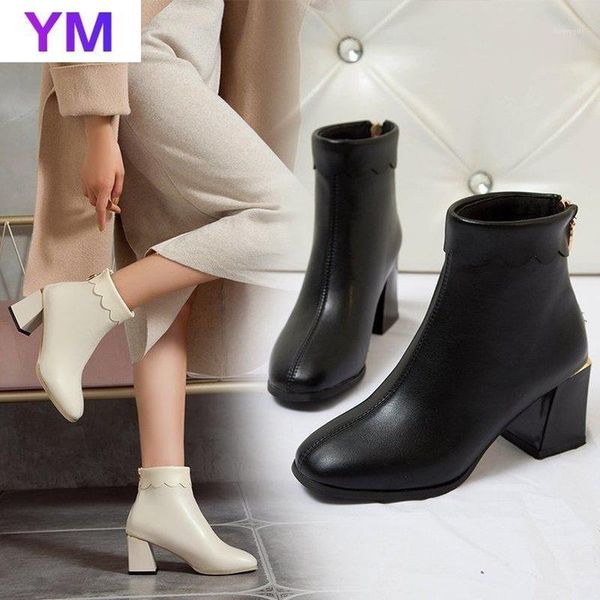 

boots 2021 autumn winter patent leather back zip women's mid-heel thick heel ruffled shoes round toe fashion boots1, Black