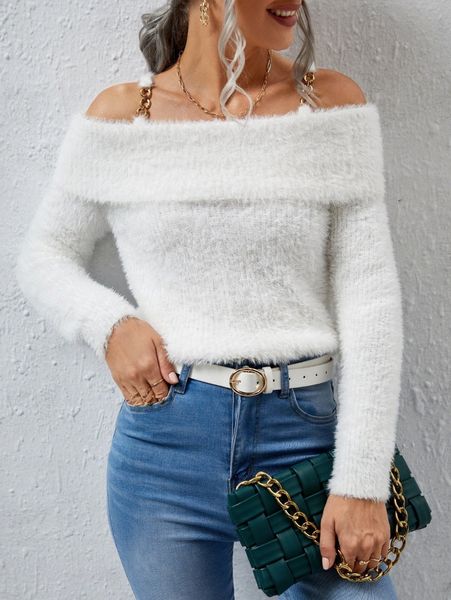 

cold shoulder chain detail fluffy knit sweater f0wc#, White