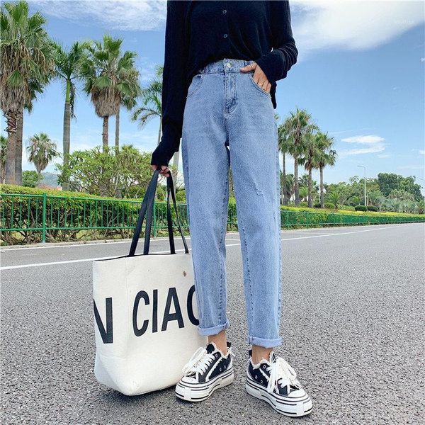 

hzirip streetwear denim straight pants plus high waist brief loose fashion all match jeans female denim simple casual trousers1, Blue