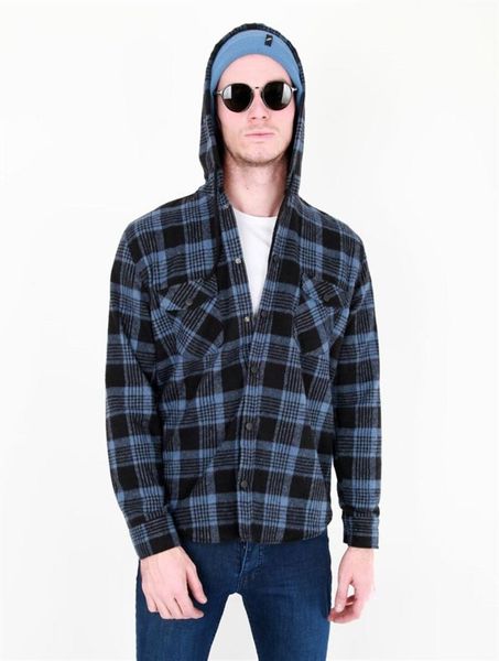 

hooded navy blue plaid shirt jacket, White;black