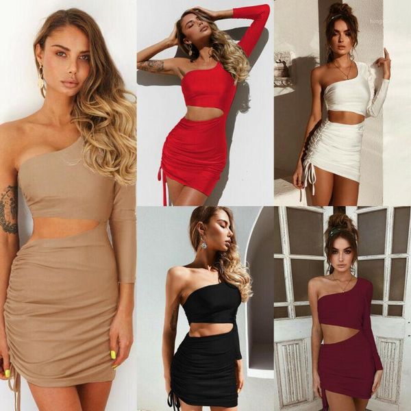 

fashion solid color hollow womens dresses one shoulder bandage bodycon evening party club short mini dress1, Black;gray