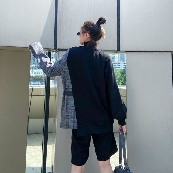 

xitao korean style patchwork plaid sweatshirt women fashion long sleeve loose turtleneck plus size irregular autumn xj5254 201203, Black