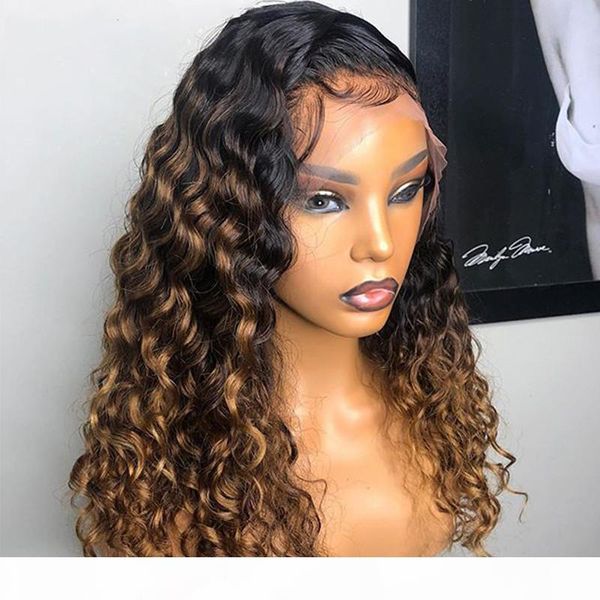 

paff ombre honey blonde curly human hair wig brazilian remy preplucked 13x4 lace front wig glueless baby hair for women, Black;brown