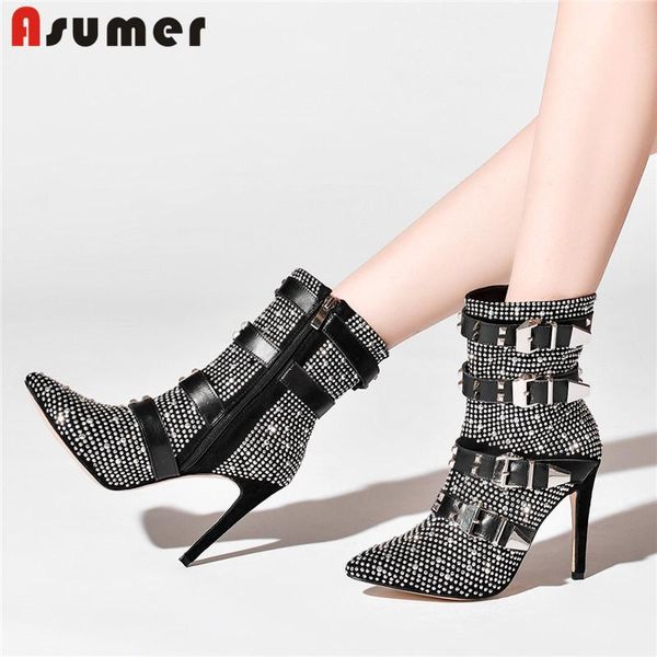 

asumer big size 34-43 fashion suede leather ankle boots pointed toe zip heavy metal prom women boots rivet autumn winter, Black