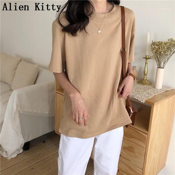 

alien kitty 2019 new soft loose solid fresh summer new t-shirt women fashion natural short basic shirt 4 colors1, White