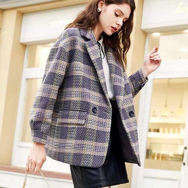

slim fashion plaid double breasted women winter coat turn-down collar wool coats and jackets pockets cashmere coat1, Black