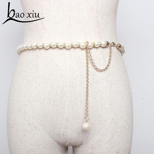

2020 new fashion luxury women pearl belts metal tassel gold crystal chain belt long pendant dress belt beads straps accessories, Black;brown