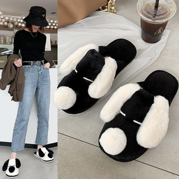 

slippers winter women house furry fashion warm shoes cute puppy slip on flats female home slides black white plush slippers1