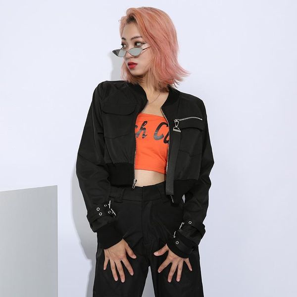 

crop streetwear fall jacket women black zipper up windbreaker baseball jacket pocket long sleeve womens jackets and coats1, Black;brown