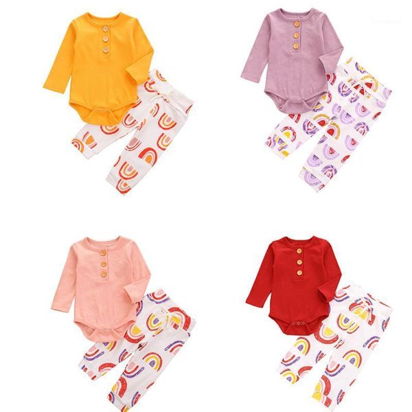

newborn infant baby girl autumn clothing long sleeve solid romper floral rainbow printed pant set 0-24m1, White