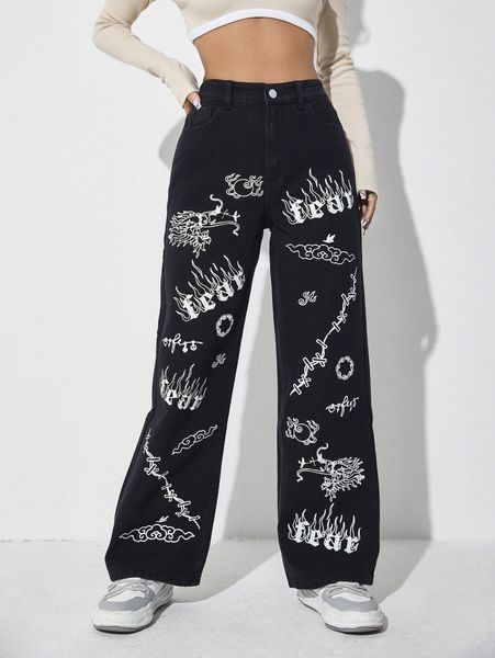 

high waist letter & fire pattern wide leg jeans p3uj#, Blue