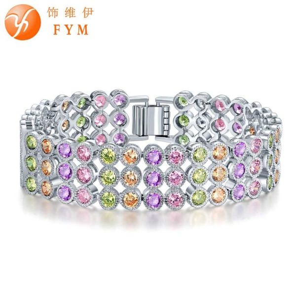 

link, chain fym 18cm colorful/clear white 3 rows round crystal bracelet for women silver color cubic zircon bracelets & bangle, Black