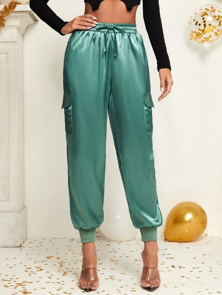 

flap pocket side drawstring waist satin joggers k3uj#, Black;white