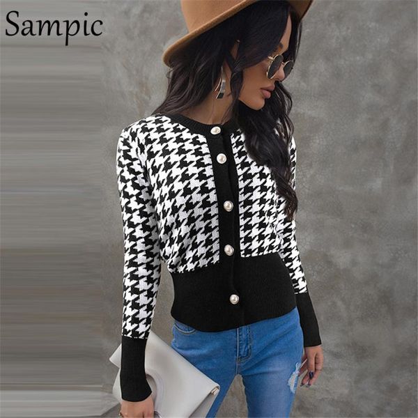 

sampic 2020 perseys mujer long sleeve knitted pearl buttons woman sweaters houndstooth cardigans winter skinny jumper, White