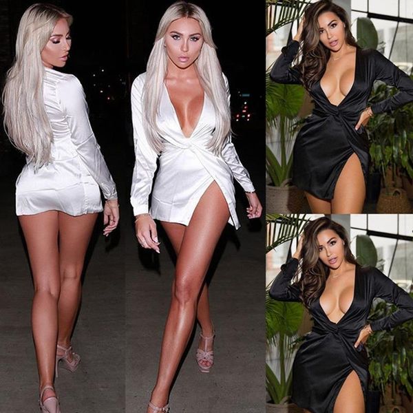 

women summer long sleeve deep v neck satin mini dress ladies short knot wrap split party dresses, Black;gray