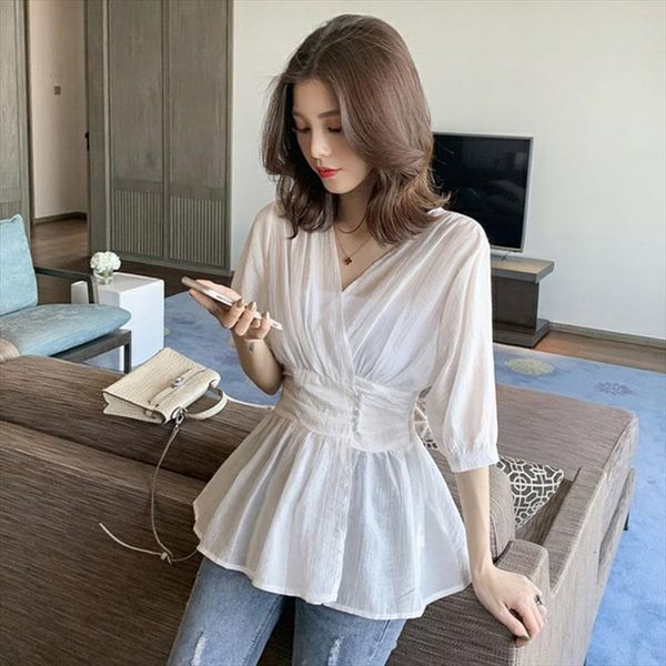 

2019 sweet blouse women v neck solid color short sleeves nipped waist pullover chiffon blouse woman shirt, White