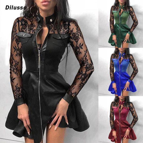 

women dresses mesh lace patchwork zipper design leather dress ladies dress lace hollow out aline club women mini dresses1, Black;gray
